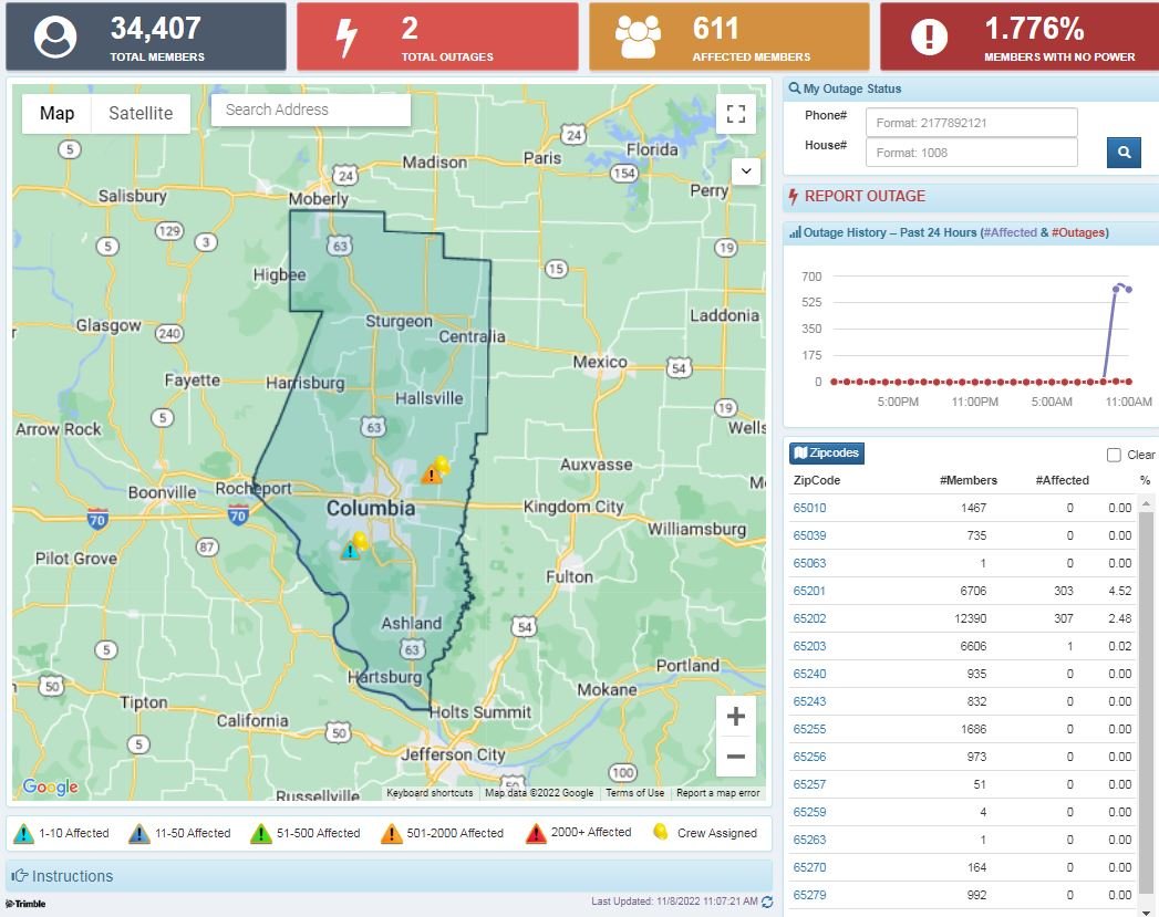 A screenshot shows a large Boone Electric Cooperative outage on Tuesday, Nov. 8, 2022.