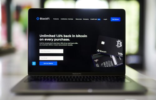 Crypto lender BlockFi filed for bankruptcy Monday. Pictured is the BlockFi website on a laptop computer.