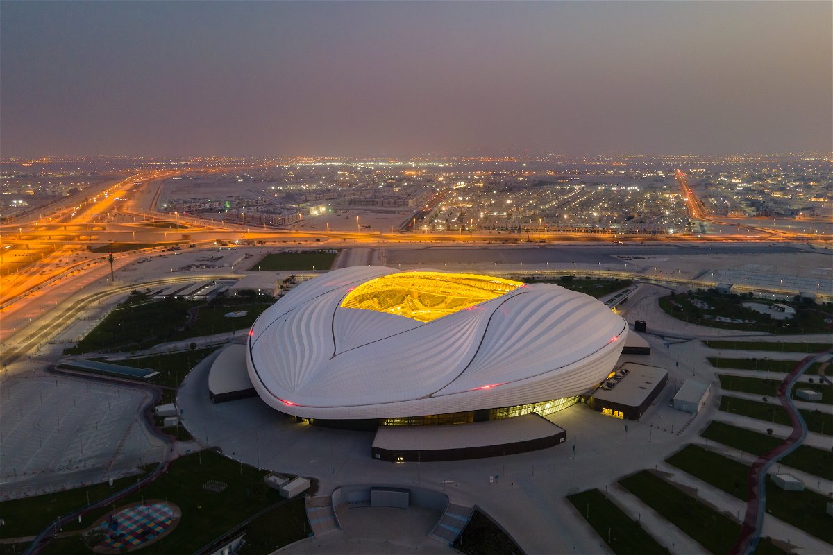 <i>David Ramos/Getty Images</i><br/>An aerial view of Al Janoub stadium at sunrise on June 21 in Al Wakrah