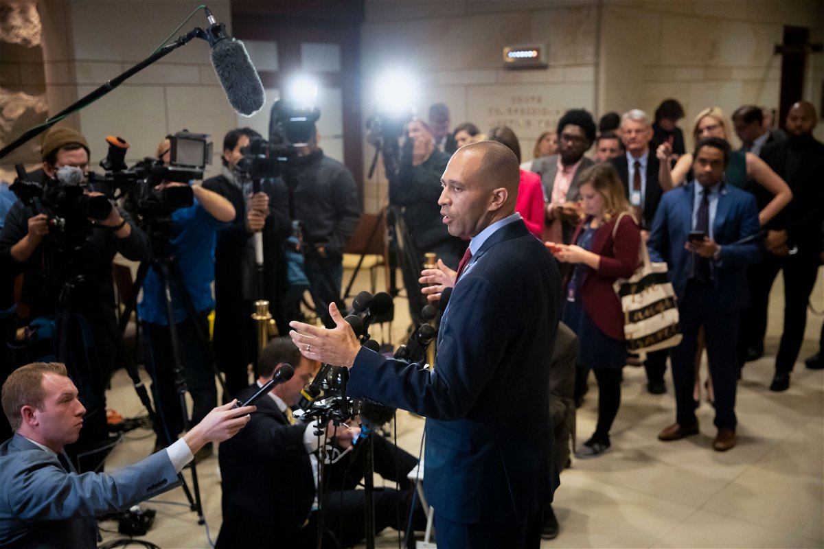 <i>J. Scott Applewhite/AP</i><br/>Hakeem Jeffries meets with reporters after being elected chairman of the House Democratic Caucus for the 116th Congress
