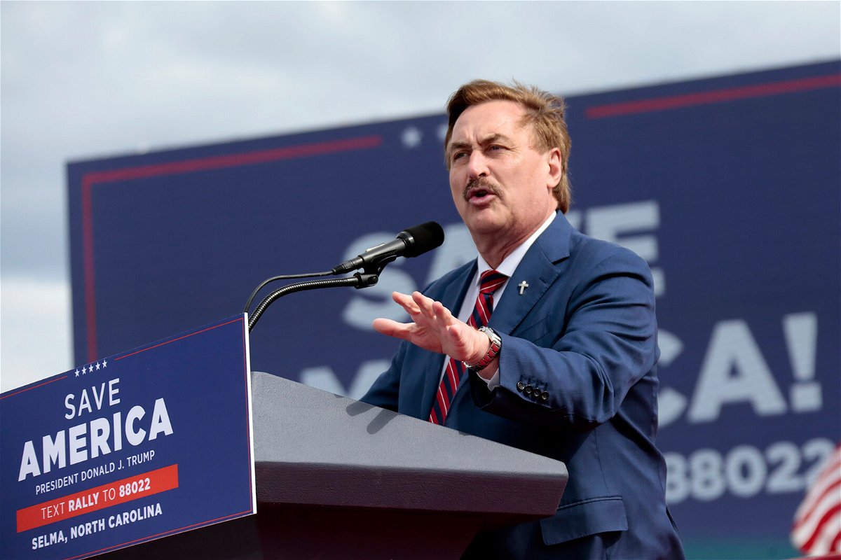 <i>Chris Seward/AP</i><br/>MyPillow CEO Mike Lindell speaks at a rally for former President Donald Trump on April 9