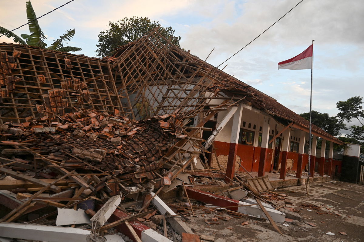 <i>Iman Firmansyah/Reuters</i><br/>A collapsed Cianjur school building following the earthquake.