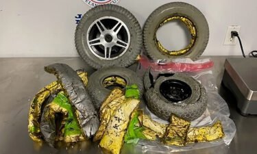 This photo provided by US Customs and Border Protection shows cocaine seized by customs officers from a traveler who was smuggling the drugs in the wheels of her wheelchair at New York's Kennedy International Airport.