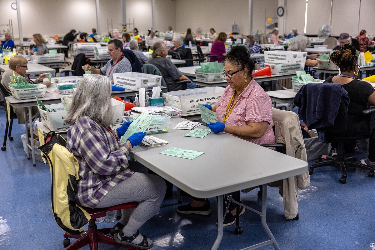 <i>John Moore/Getty Images</i><br/>Election workers sort ballots at the Maricopa County Tabulation and Election Center on November 9 in Phoenix