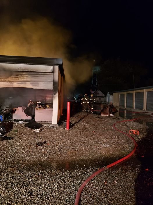 Firefighters work at a storage unit fire Tuesday, Nov. 8, 2022, in Mexico, Mo.