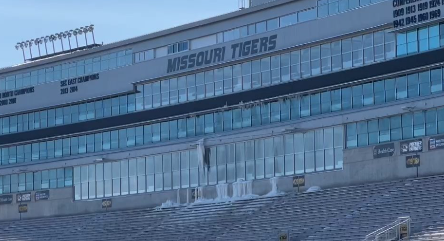 Ice was seen frozen from the suite level of Faurot Field on Tuesday. A pipe burst on Saturday caused 