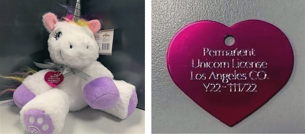 These images released by the Los Angeles County Animal Care and Control and posted via Instagram, shows a created a unicorn license tag, right, and a plush toy unicorn, after a young girl requested permission to have a unicorn in her backyard, if she could find one. Animal Care and Control Department officials said this week that they granted the unusual permit to Madeline, whose last name was redacted. 