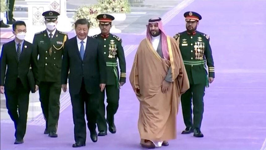 <i>EKHBARIYAH TV/Reuters</i><br/>Saudi Crown Prince Mohammed Bin Salman welcomes Chinese President Xi Jinping in Riyadh