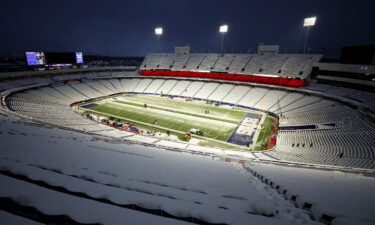 A view of Highmark Stadium covered in snow prior to an NFL game between the Miami Dolphins and the Buffalo Bills Saturday in Orchard Park