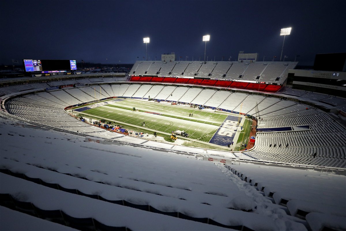 <i>Kevin Sabitus/Getty Images</i><br/>A view of Highmark Stadium covered in snow prior to an NFL game between the Miami Dolphins and the Buffalo Bills Saturday in Orchard Park