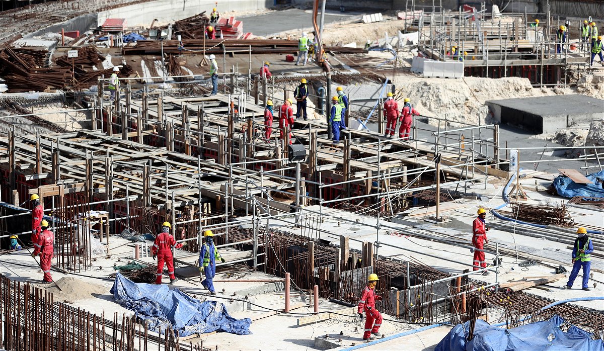 <i>Lars Baron/Bongarts/Getty Images</i><br/>Workers seen during a tour at the construction site of the Al Bayt Stadium and the workers accommodation on January 9