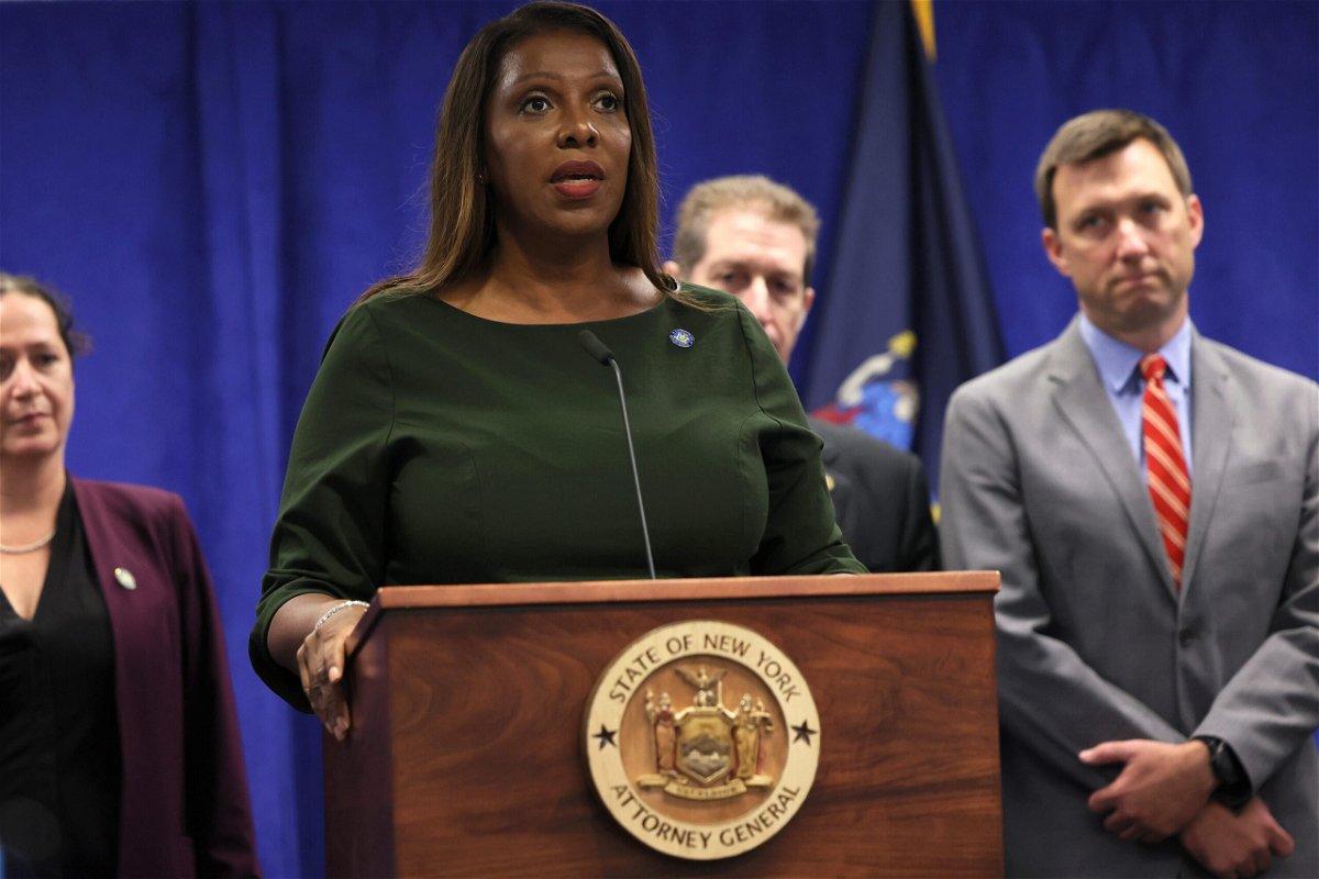 <i>Michael M. Santiago/Getty Images</i><br/>New York Attorney General Letitia James speaks during a press conference at her office on September 21 in New York.