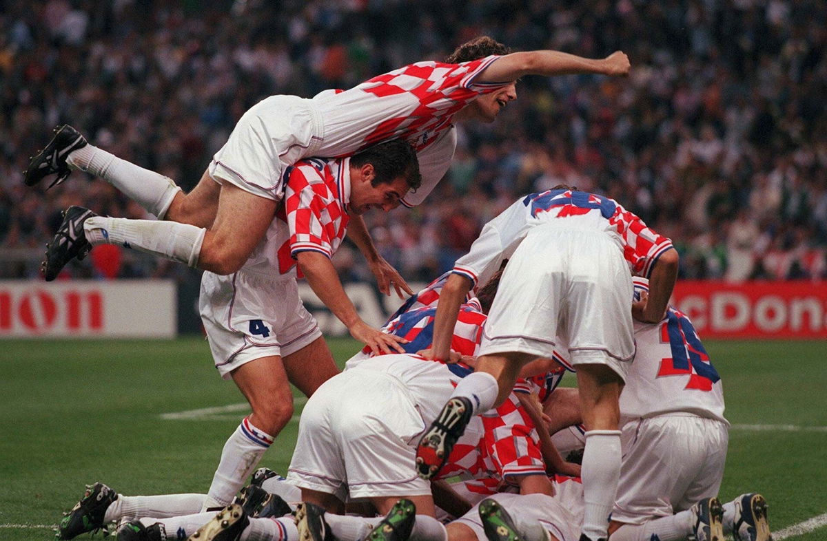 <i>Alexander Hassenstein/Bongarts/Bongarts/Getty Images</i><br/>The Croatia players celebrate a goal against France in the 1998 World Cup semifinals.