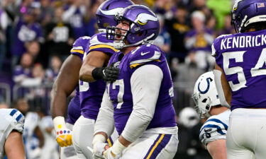 Harrison Phillips #97 of the Minnesota Vikings reacts after a play against the Indianapolis Colts during the second half of the game at U.S. Bank Stadium in Minneapolis.