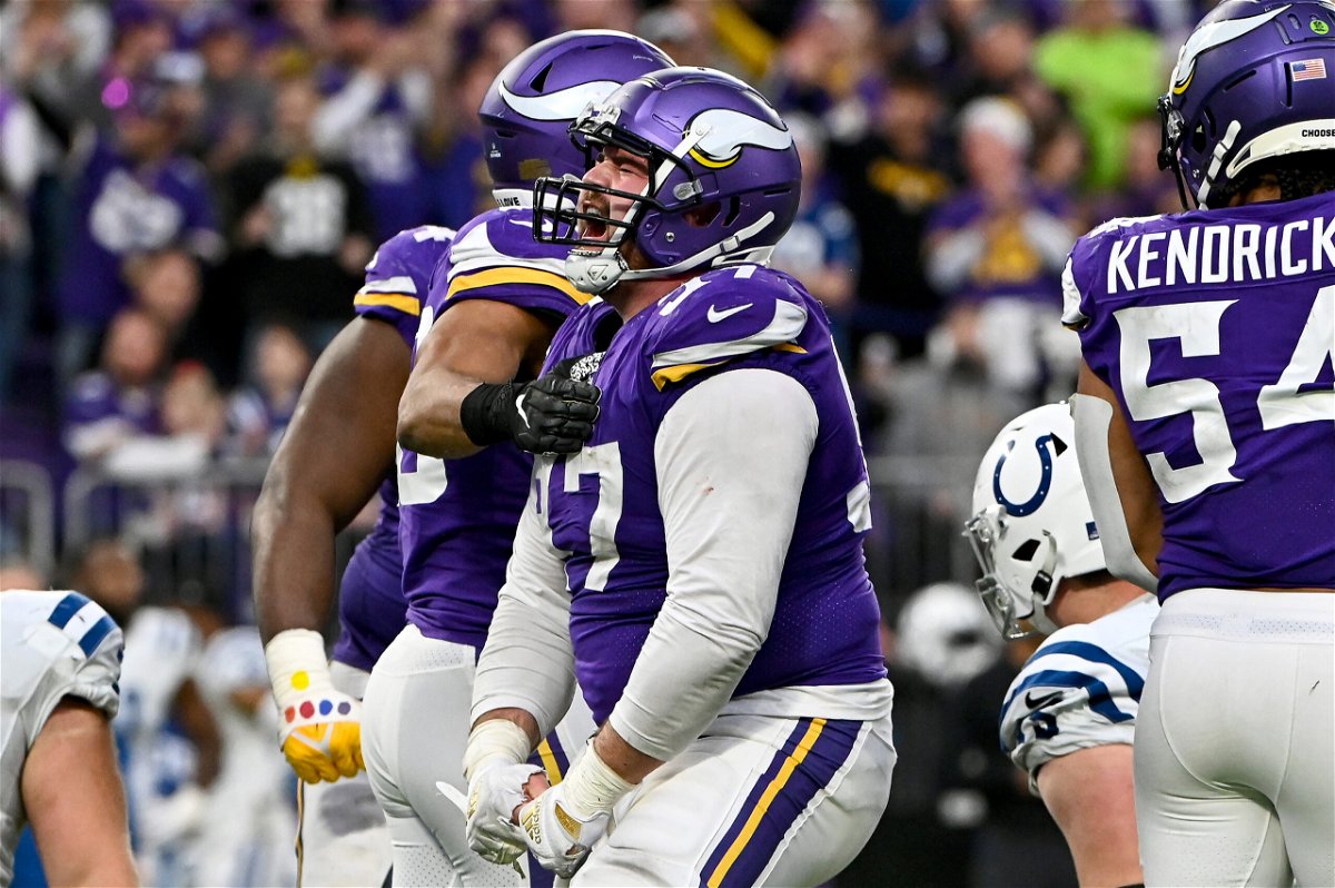 <i>Stephen Maturen/Getty Images</i><br/>Harrison Phillips #97 of the Minnesota Vikings reacts after a play against the Indianapolis Colts during the second half of the game at U.S. Bank Stadium in Minneapolis.