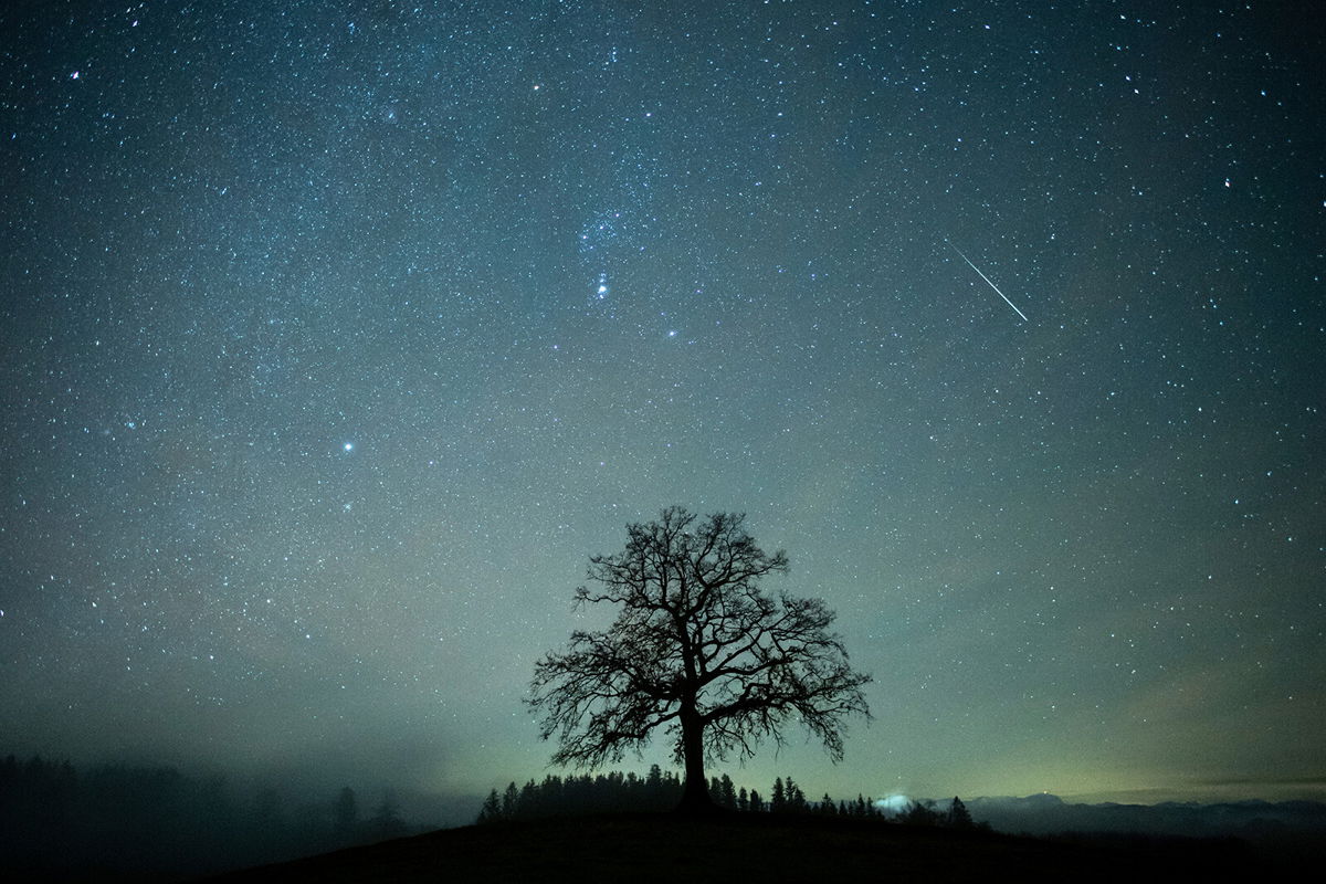 <i>Matthias Balk/picture-alliance/dpa/AP</i><br/>A bright meteor can be seen during the Geminids shower on December 14