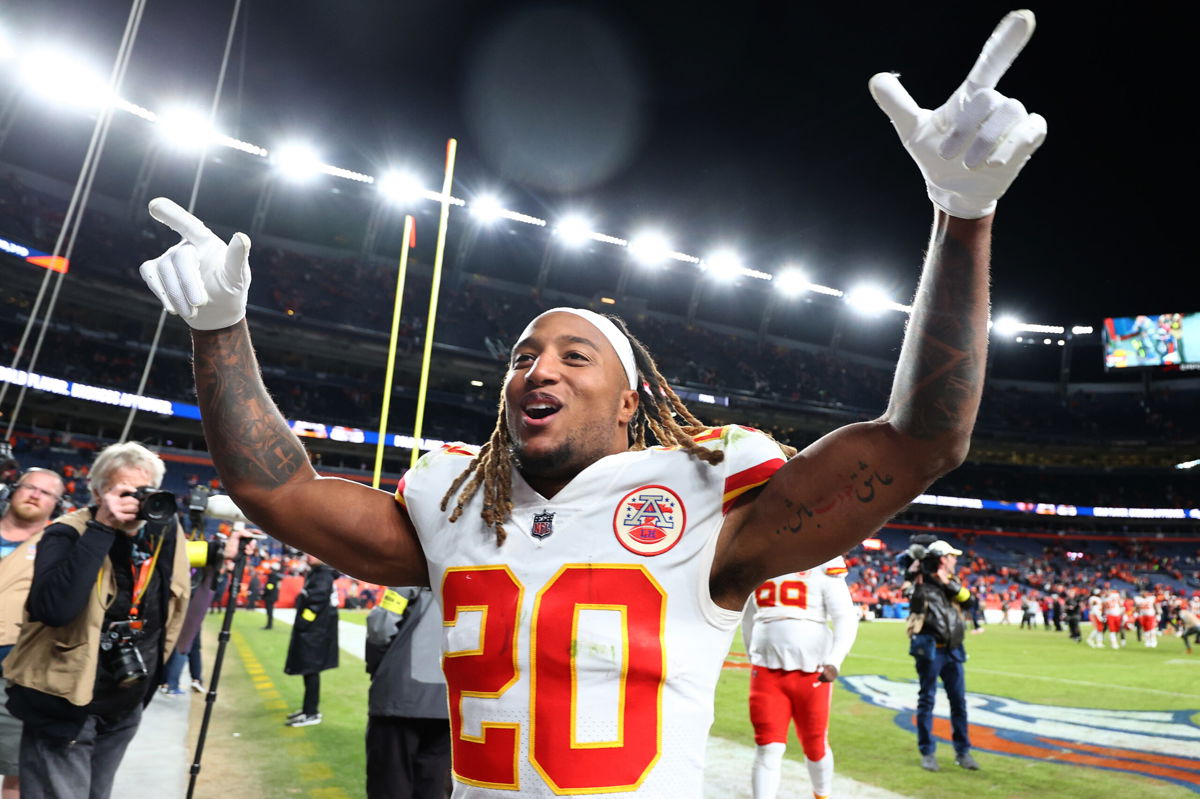 <i>Jamie Schwaberow / Getty Images</i><br/>Justin Reid of the Chiefs celebrates after victory over the Denver Broncos on Sunday.