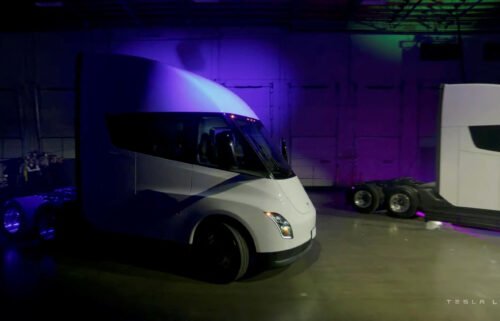 Pictured here is a view of the Tesla Semi electric truck during its live-streamed unveiling in Nevada on December 1.