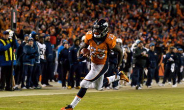 Ronnie Hillman is seen here scoring a touchdown for the Denver Broncos against the San Diego Chargers on January 3