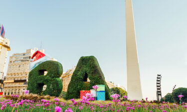 The 'B' and 'A' in downtown Buenos Aires are adorned with a Santa hat and presents for Christmas.