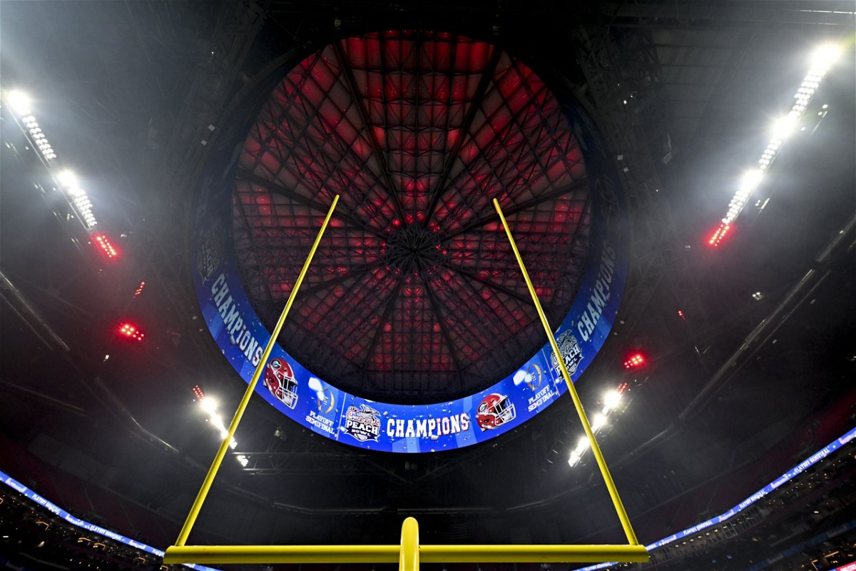 Mercedes-Benz Stadium is seen after the Peach Bowl on Jan. 1, 2023, in Atlanta. The stadium will be the site of the AFC Championship game, if the Kansas City Chiefs and Buffalo Bills both win this weekend.
