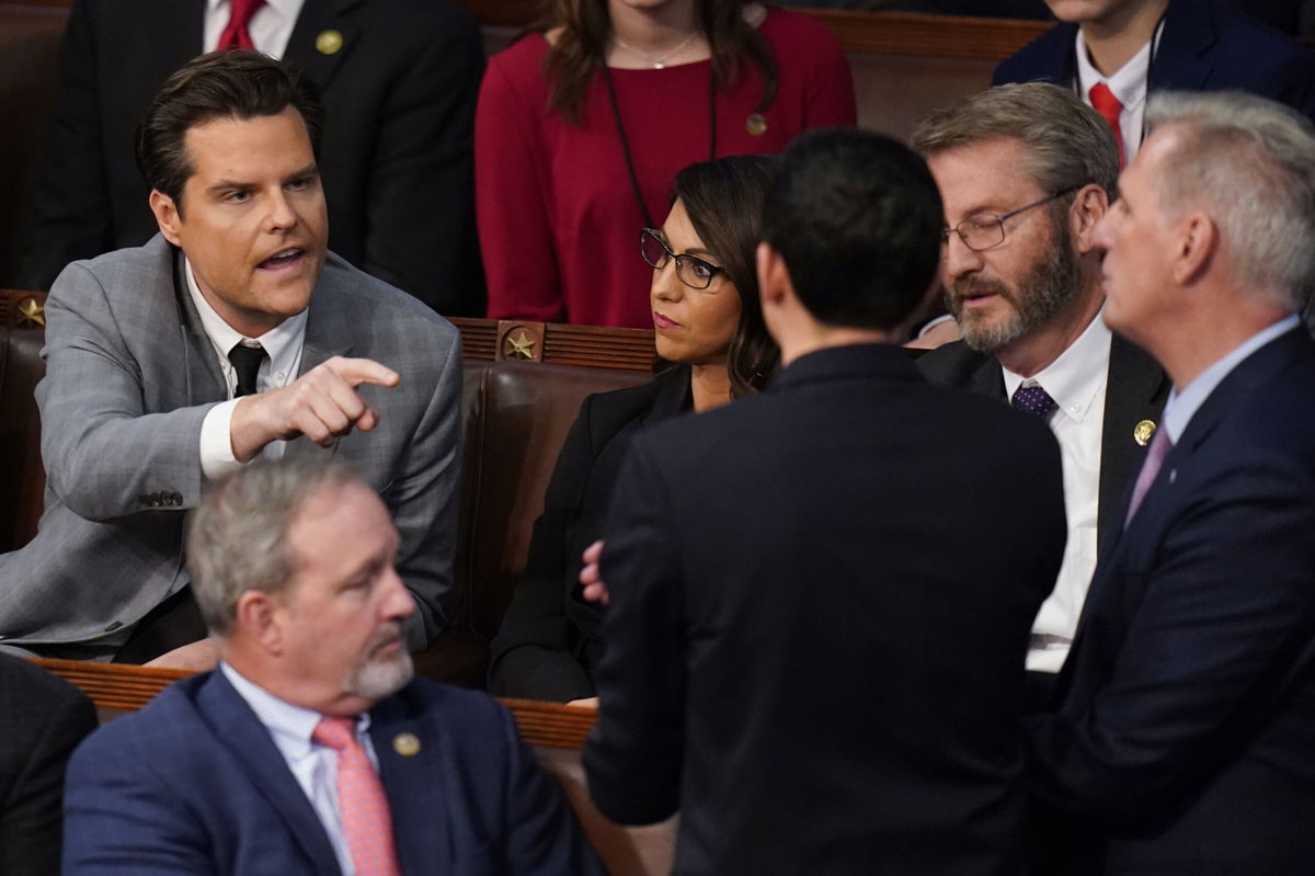 Rep. Matt Gaetz, R-Fla., talks to Rep. Kevin McCarthy, R-Calif., after Gaetz voted 