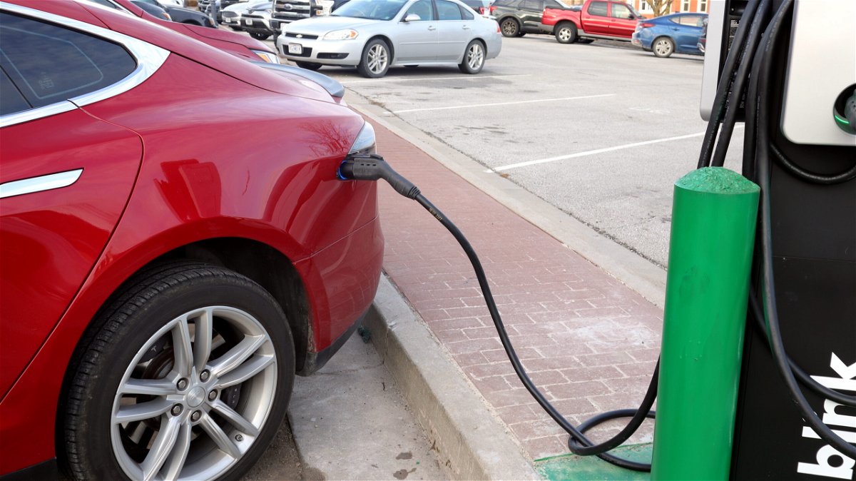 An electric vehicle charges at Fulton's charging station in this photo provided by the city.