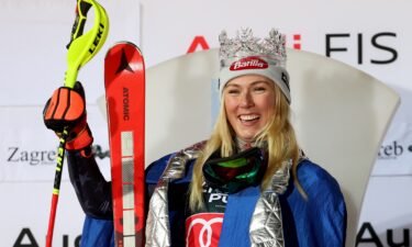 Shiffrin celebrates her victory in the women's slalom race in Zagreb