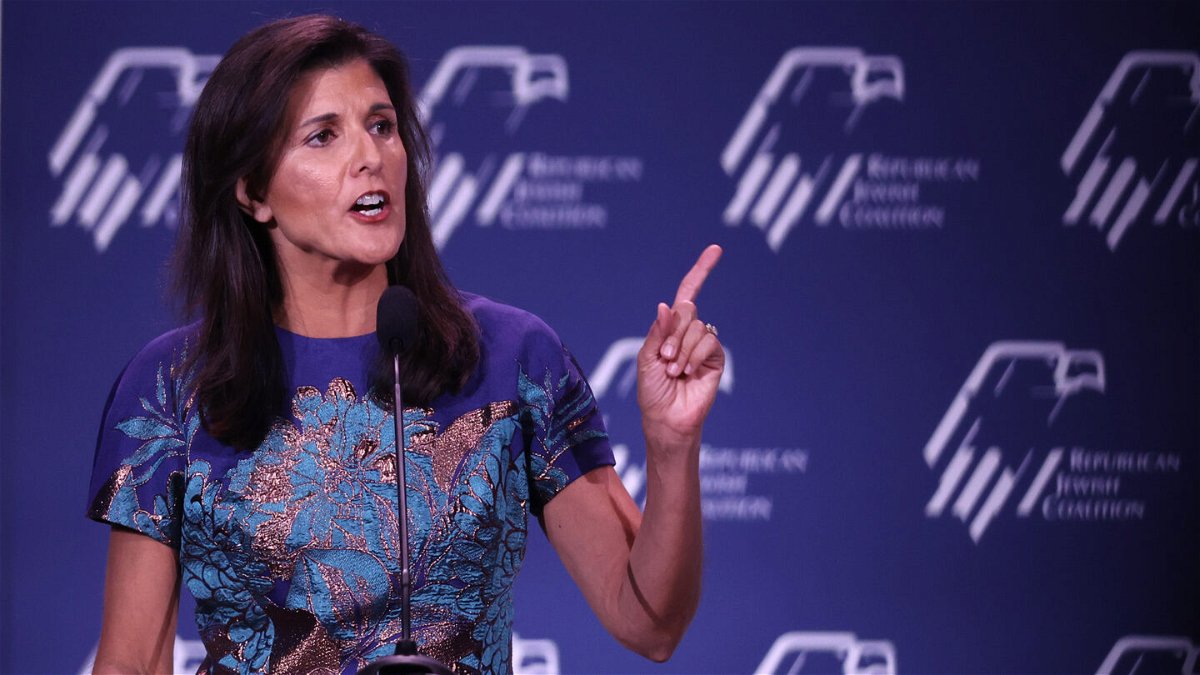 <i>Scott Olson/Getty Images</i><br/>Former UN Ambassador Nikki Haley speaks to guests at the Republican Jewish Coalition annual leadership meeting in Las Vegas on November 19