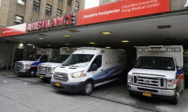 Ambulances fill the bay at New York-Presbyterian Hospital