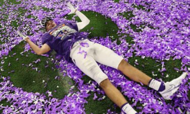 Ryan Quintanar of the TCU Horned Frogs celebrates with confetti following the Fiesta Bowl on December 31
