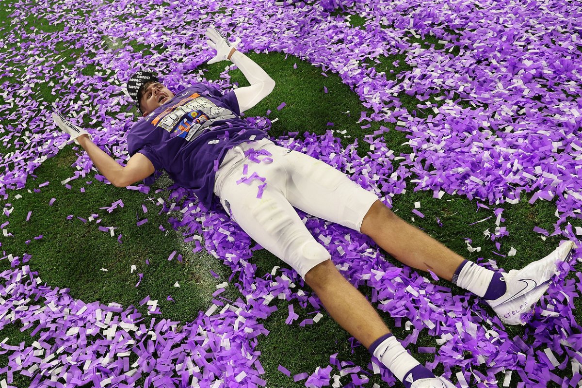 <i>Christian Petersen/Getty Images</i><br/>Ryan Quintanar of the TCU Horned Frogs celebrates with confetti following the Fiesta Bowl on December 31