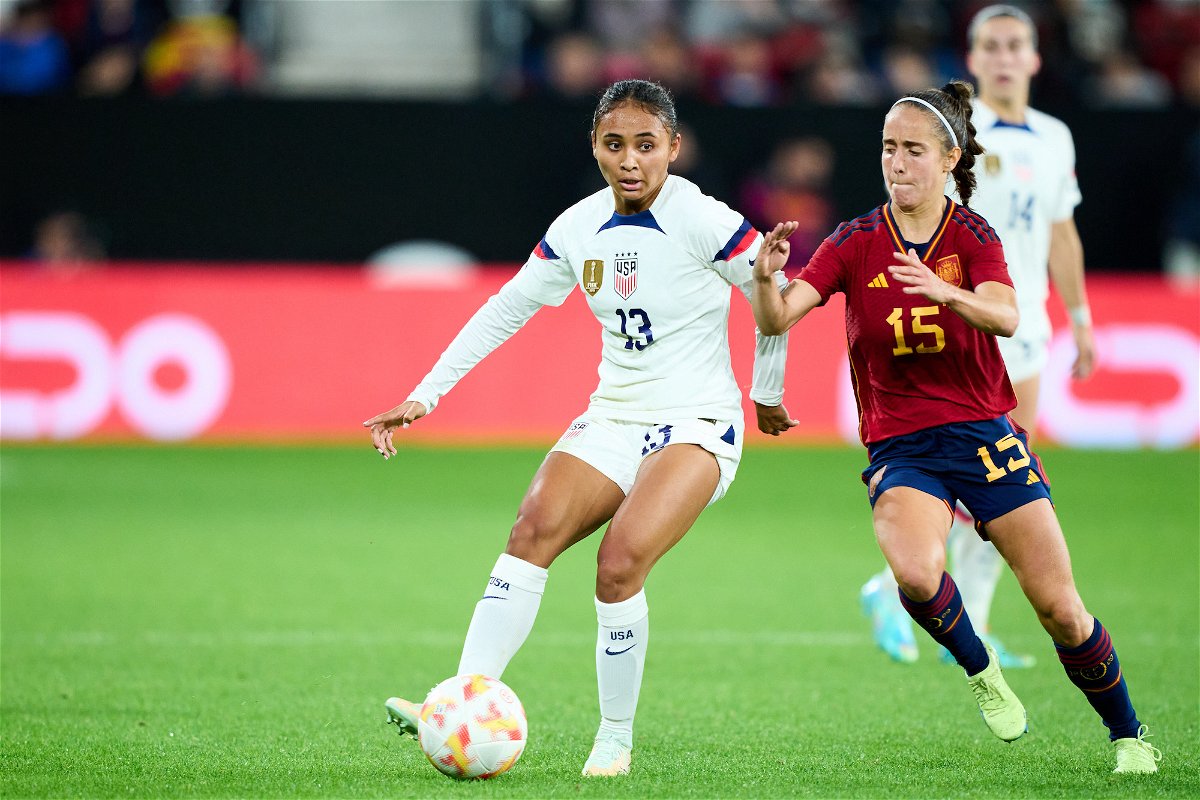 <i>Juan Manuel Serrano Arce/Getty Images</i><br/>Thompson duels for the ball with Spain's Maite Oroz during a friendly game at El Sadar Stadium on October 11