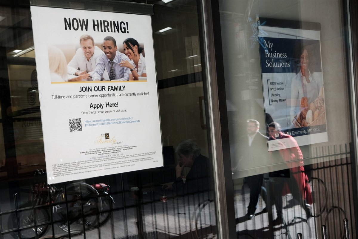<i>Spencer Platt/Getty Images</i><br/>Weekly jobless claims fell to the lowest level since September. A 'now hiring' sign is displayed in the window of a store in Manhattan on December 02
