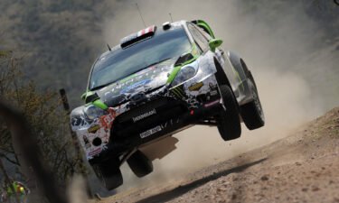 Ken Block and Alex Gelsomino compete at the WRC Rally Mexico in 2012.
