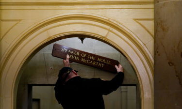 The sign at the office of House Speaker Kevin McCarthy of California is installed on Capitol Hill in Washington