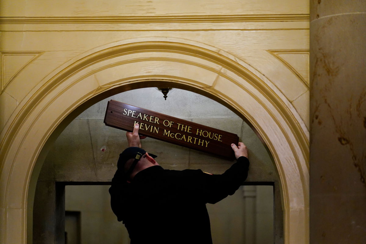 <i>Matt Rourke/AP</i><br/>The sign at the office of House Speaker Kevin McCarthy of California is installed on Capitol Hill in Washington