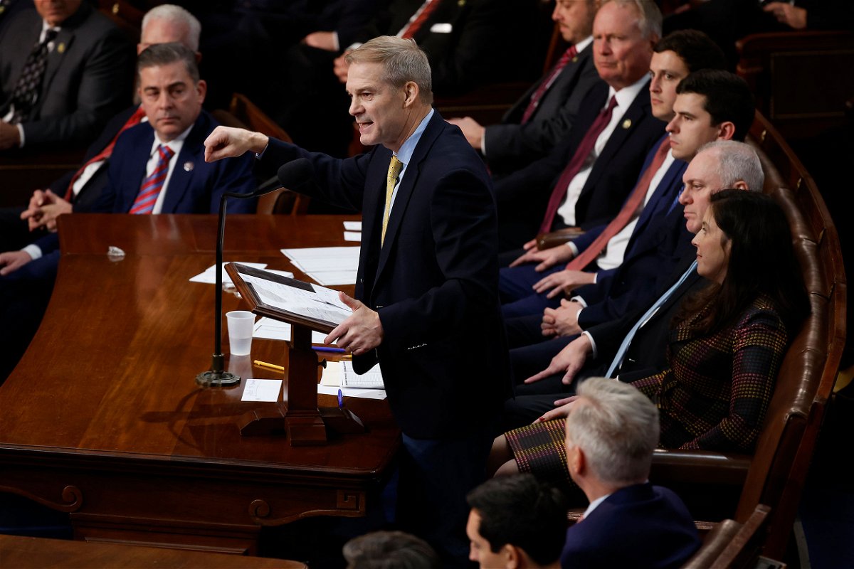 <i>Chip Somodevilla/Getty Images</i><br/>Rep. Jim Jordan (center) nominates Rep. Kevin McCarthy for speaker of the House of the 118th Congress during a speech on January 3.