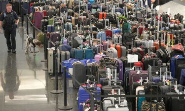 A Salt Lake police officer and his K-9 partner inspect unclaimed bags at Southwest Airlines baggage claim at Salt Lake City International Airport on December 29