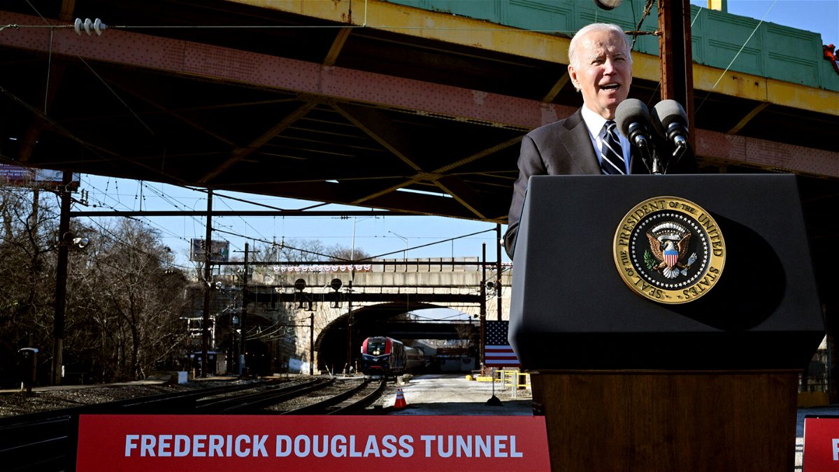 <i>Mandel Ngan/AFP/Getty Images</i><br/>US President Joe Biden delivers remarks on how the Bipartisan Infrastructure Law will provide funding to replace the 150-year-old Baltimore and Potomac Tunnel