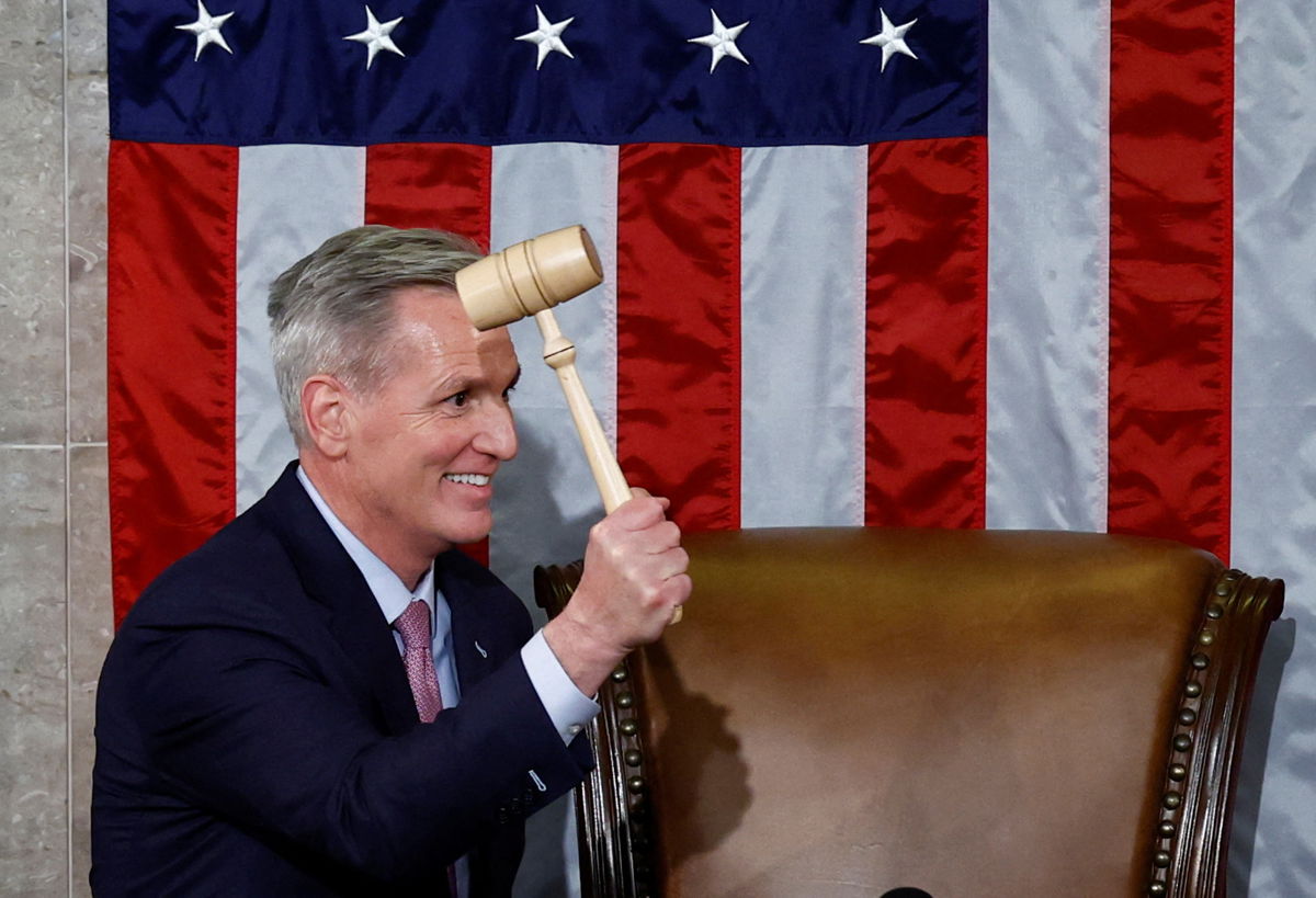<i>Evelyn Hockstein/Reuters</i><br/>U.S. House Republican Leader Kevin McCarthy (R-CA) wields the Speaker's gavel after being elected the next Speaker of the U.S. House of Representatives in a late night 15th round of voting on the fourth day of the 118th Congress at the U.S. Capitol in Washington