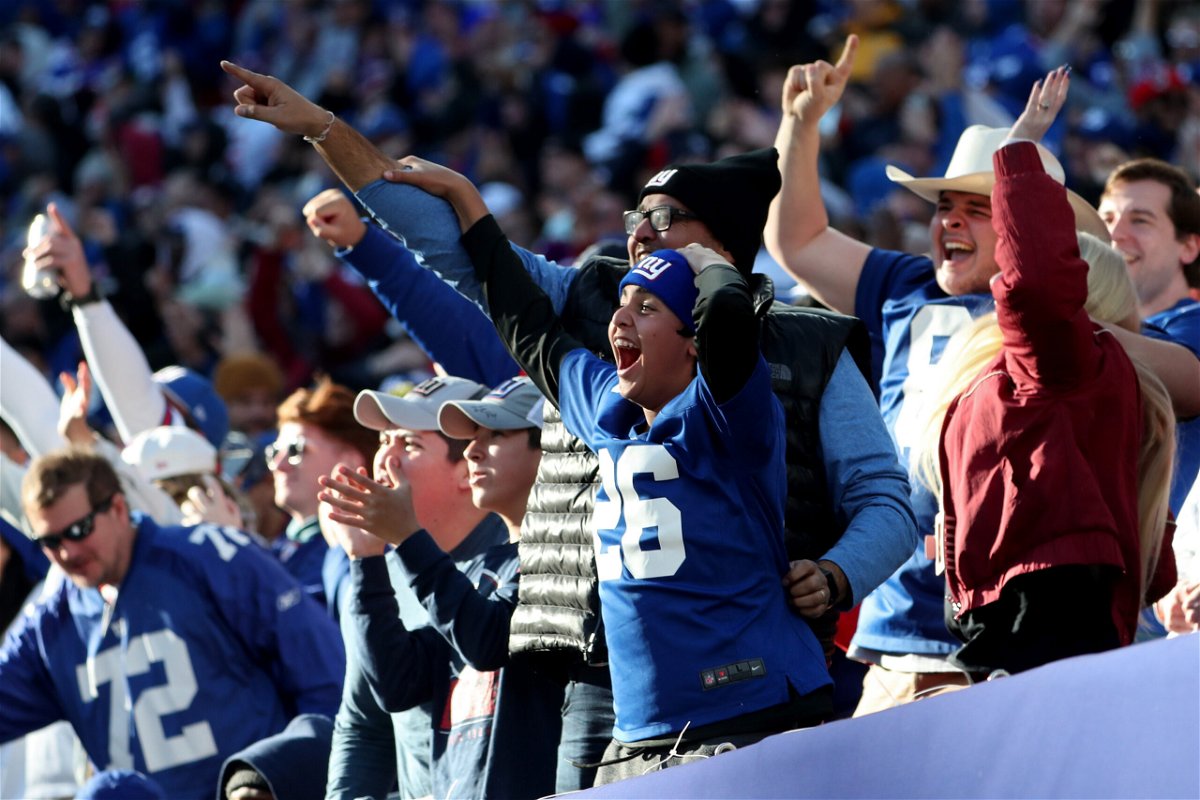 <i>Vincent Alban/Getty Images North America/Getty Images</i><br/>Giants fans celebrate a touchdown during the second quarter against the Colts.
