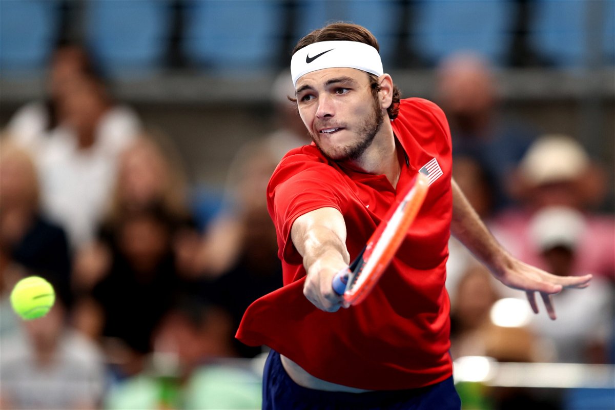 <i>Brendon Thorne/Getty Images AsiaPac/Getty Images</i><br/>Fritz reaches for a backhand against Italy's Matteo Berrettini in the final of the United Cup.