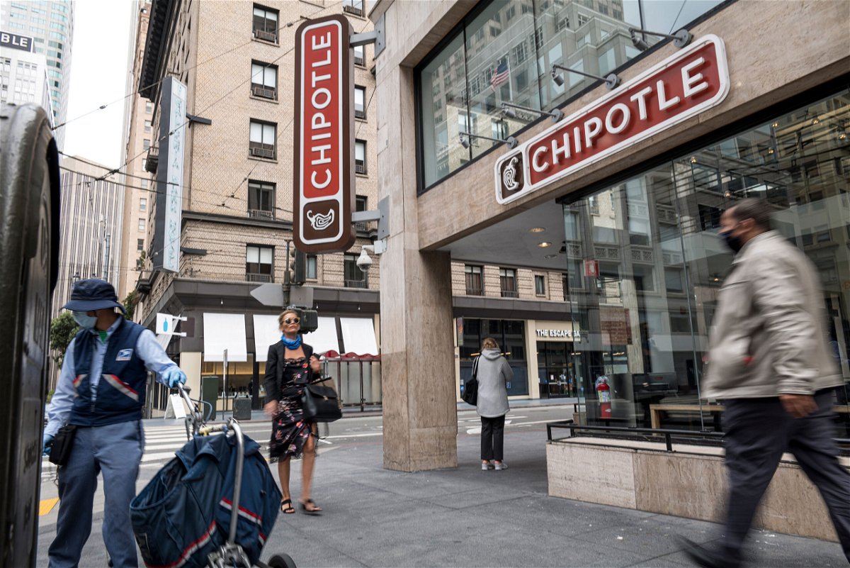 <i>David Paul Morris/Bloomberg/Getty Images</i><br/>Pedestrians wearing protective masks walk near a Chipotle Mexican Grill restaurant in San Francisco in July of 2020.