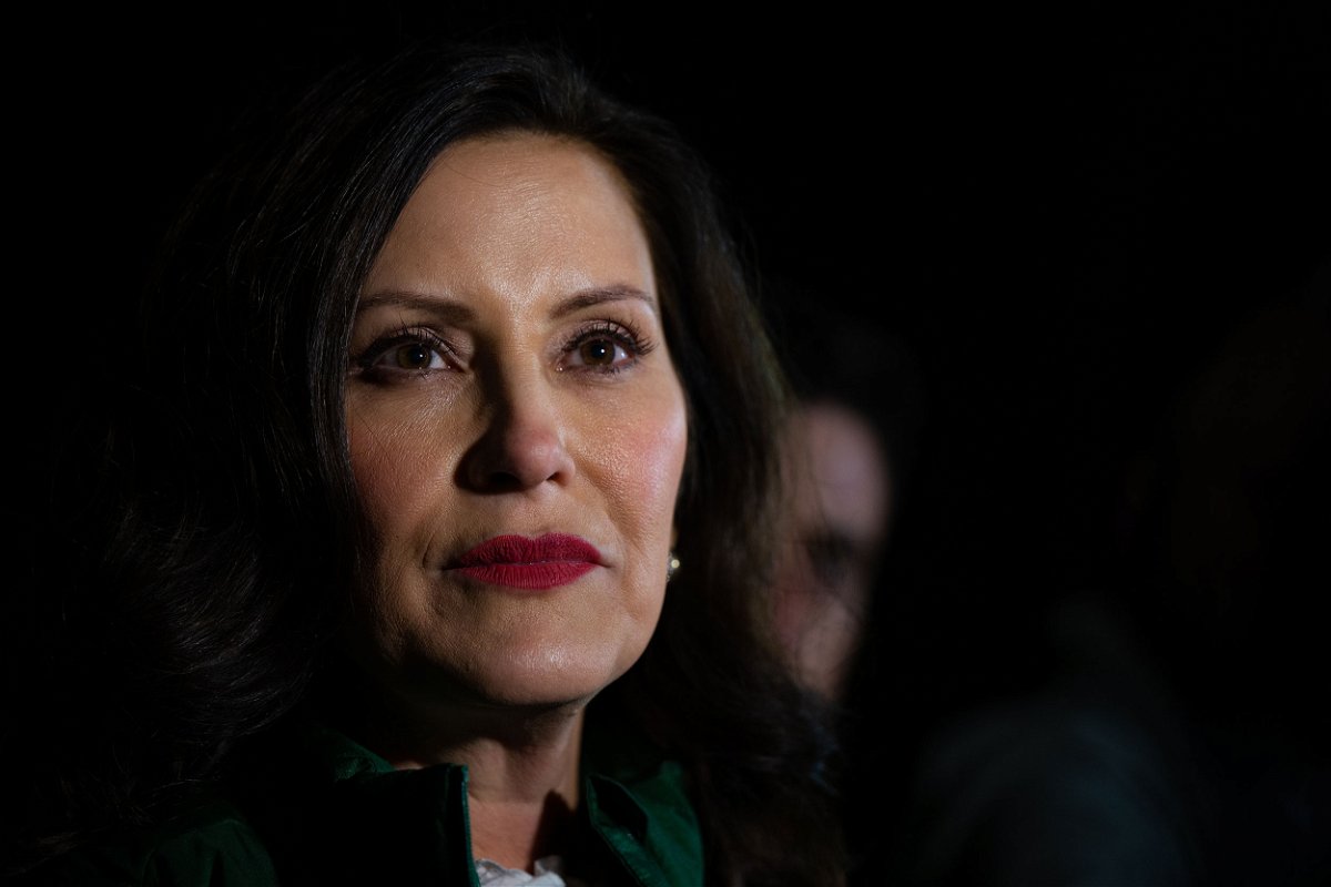 <i>Brandon Bell/Getty Images</i><br/>Michigan Gov. Gretchen Whitmer listens to reporters during a news conference in East Lansing on November 7