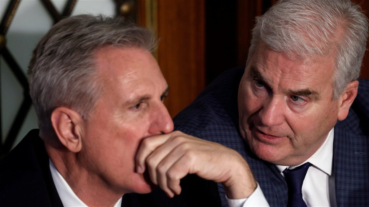 <i>Anna Moneymaker/Getty Images</i><br/>Inside Tom Emmer's effort to keep the GOP's razor-thin majority in line. House Republican Leader Kevin McCarthy is pictured talking to Emmer in the House Chamber during the second day of elections for speaker of the House on January 4.