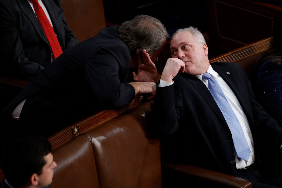<i>Chip Somodevilla/Getty Images</i><br/>Now-House Majority Leader Steve Scalise talks to Rep. Andy Biggs in the House Chamber during the third day of elections for Speaker of the House on January 5. House Republicans approved a rules package for the 118th on January 9.
