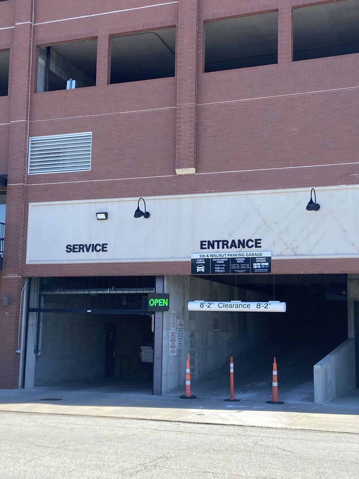 The Fifth Street entrance to the parking garage at Fifth and Walnut streets will be closed until 5 p.m. Monday for repairs to the gate. 