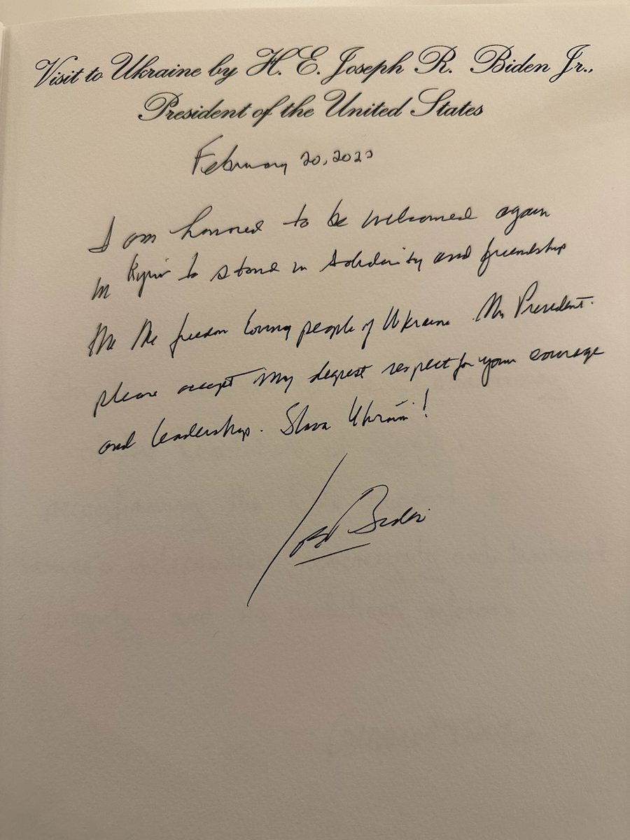 <i></i><br/>President Joe Biden paid tribute to Ukrainian President Volodymyr Zelensky’s “courage and leadership” in a message written on the guestbook at Mariinsky Palace