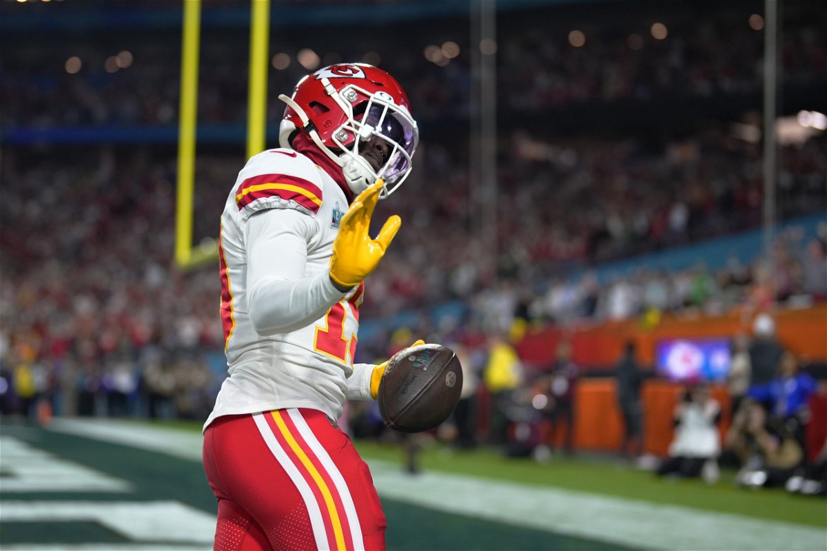 Kansas City Chiefs wide receiver Kadarius Toney (19) celebrates after scoring a touchdown against the Philadelphia Eagles during the second half of the NFL Super Bowl 57 football game, Sunday, Feb. 12, 2023, in Glendale, Ariz. 